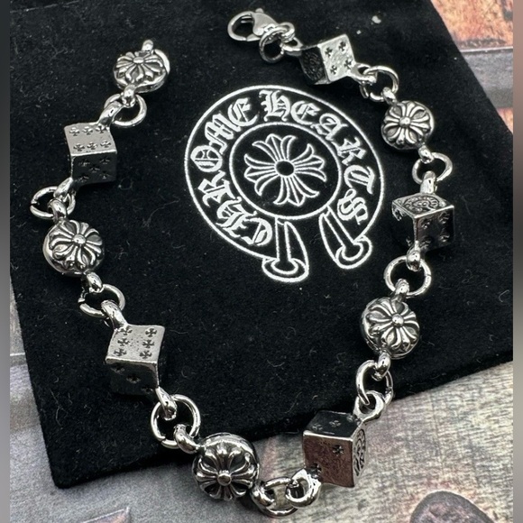 Chrome Hearts Silver Cross Dice & Cross Ball Bracelet 7.5 Inches Lobster Clasp - Picture 2 of 5